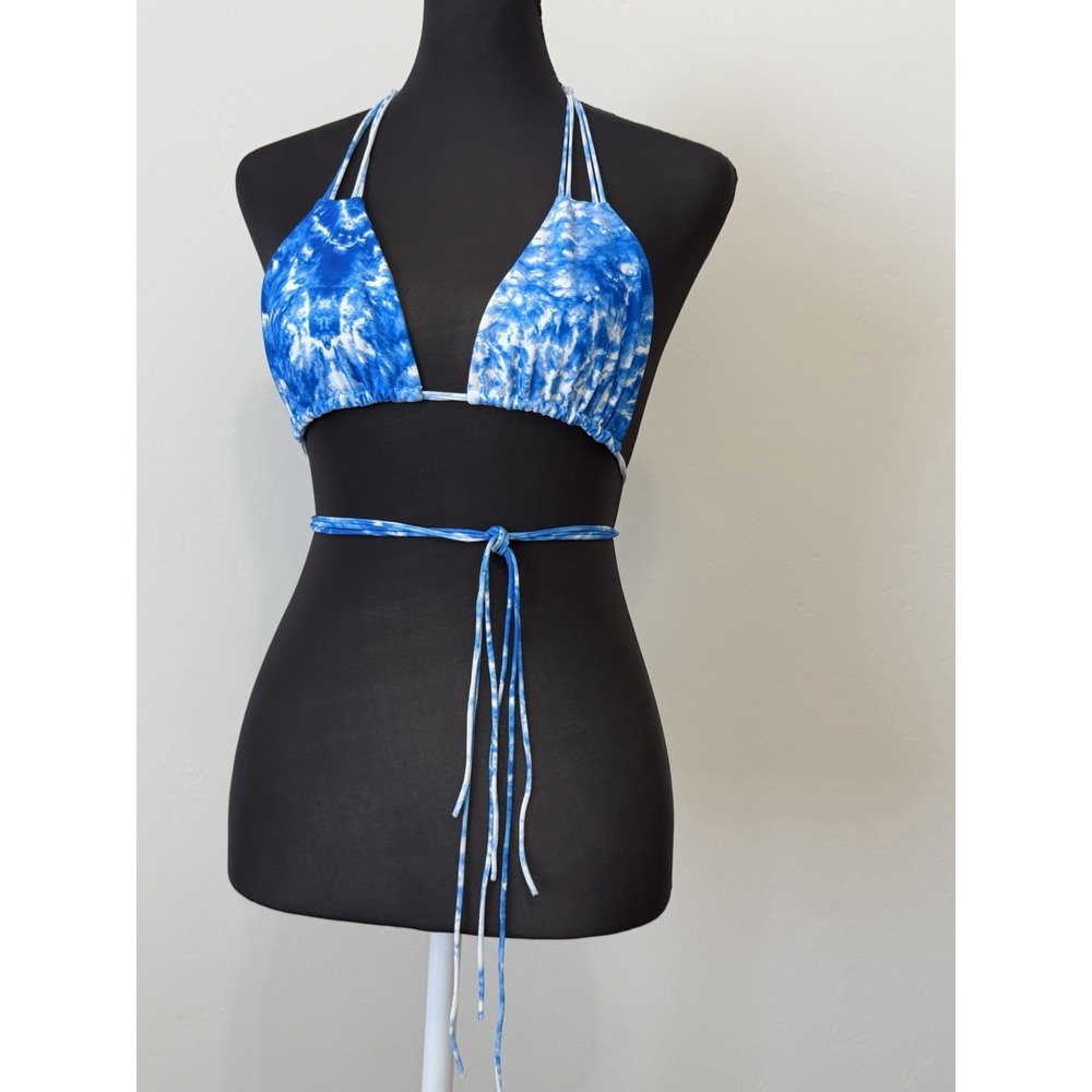 Mikoh Blue White Wave Tie Dye Triangle Bikini Top Strappy Halter Swim Sz L Soft